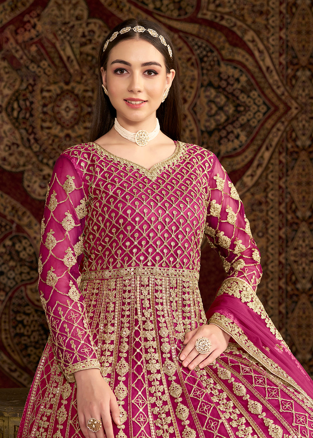 Buy Now Pink All Over Embroidered Net Wedding Anarkali Gown Online in USA, UK, Australia, Italy, Germany, Canada, UAE & Worldwide at Empress Clothing.