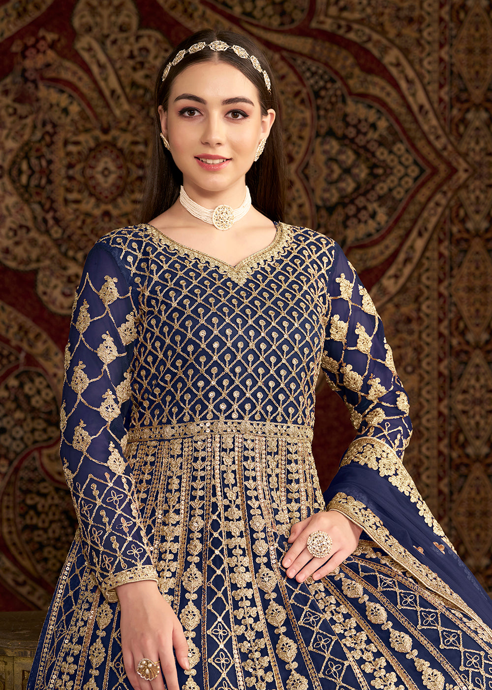 Buy Now Navy Blue All Over Embroidered Net Wedding Anarkali Gown Online in USA, UK, Australia, Italy, Germany, Canada, UAE & Worldwide at Empress Clothing.