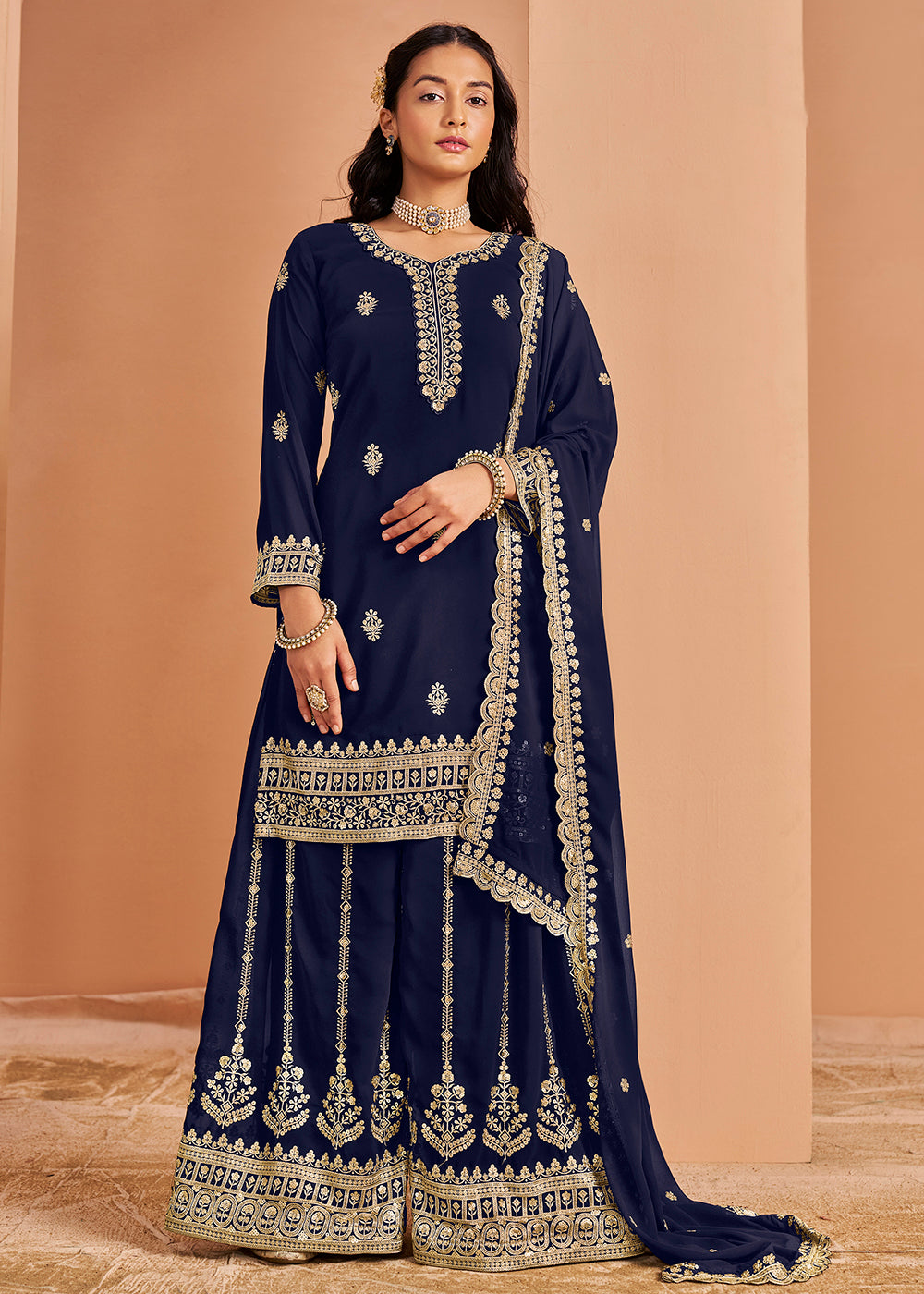 navy blue and gold indian dress Velvet Indian Pakistani Dress in Navy Blue Eid Dress With Sequins Embroidery
