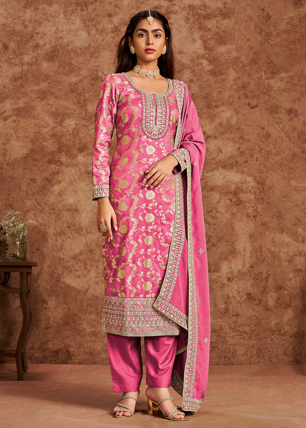 Buy Now Cherry Pink Dola Silk Jacquard Festive Salwar Kameez Online in USA, UK, Canada, Germany, Italy & Worldwide at Empress Clothing. 