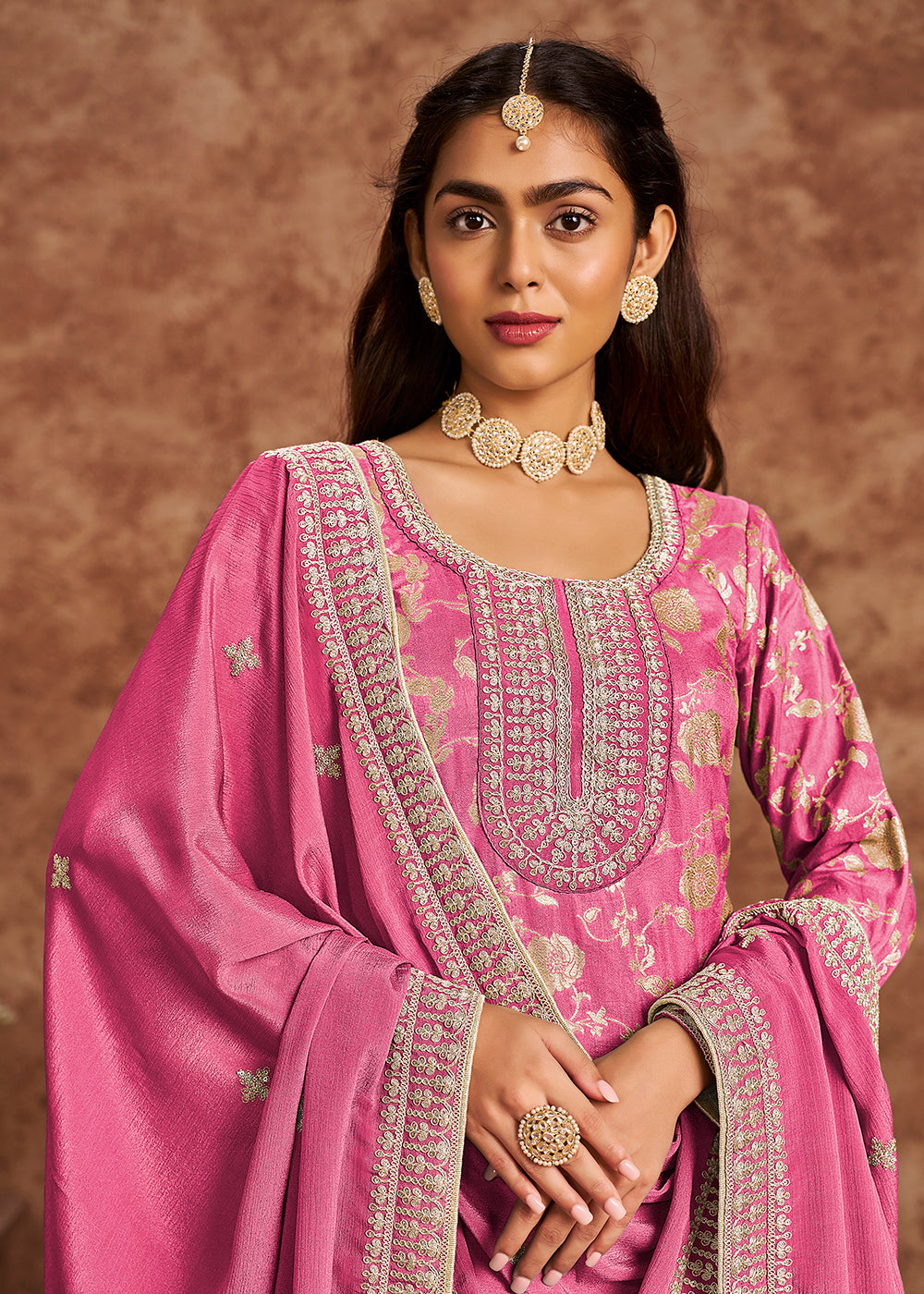 Buy Now Cherry Pink Dola Silk Jacquard Festive Salwar Kameez Online in USA, UK, Canada, Germany, Italy & Worldwide at Empress Clothing. 