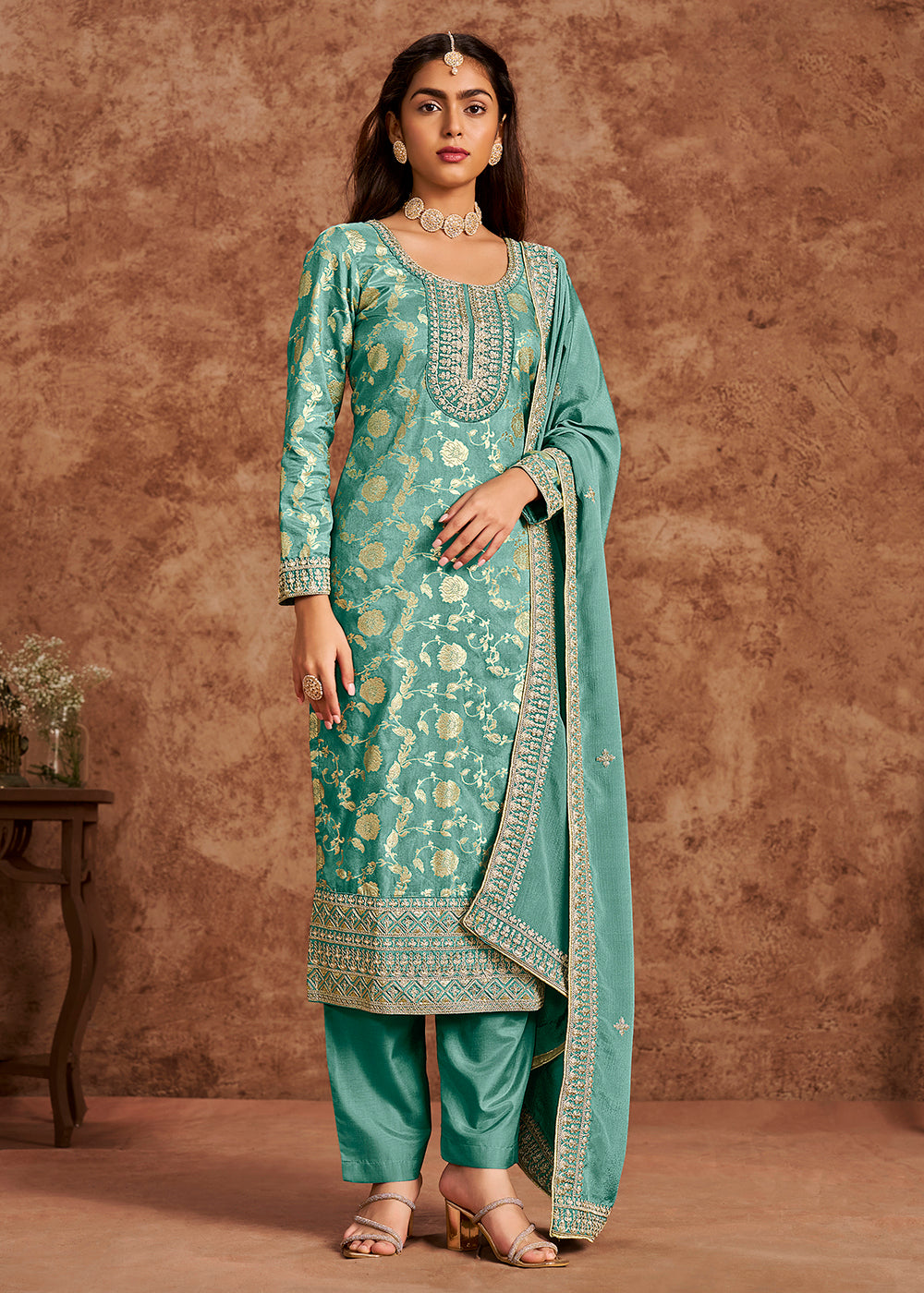 Buy Now Mint Blue Dola Silk Jacquard Festive Salwar Kameez Online in USA, UK, Canada, Germany, Italy & Worldwide at Empress Clothing. 