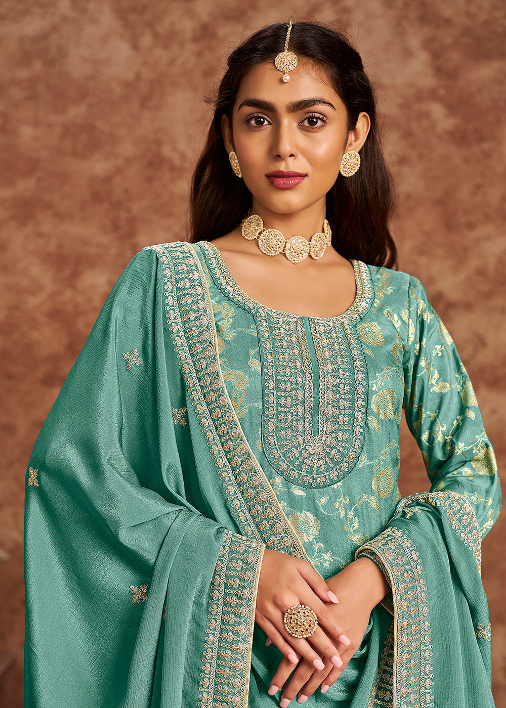 Buy Now Mint Blue Dola Silk Jacquard Festive Salwar Kameez Online in USA, UK, Canada, Germany, Italy & Worldwide at Empress Clothing. 