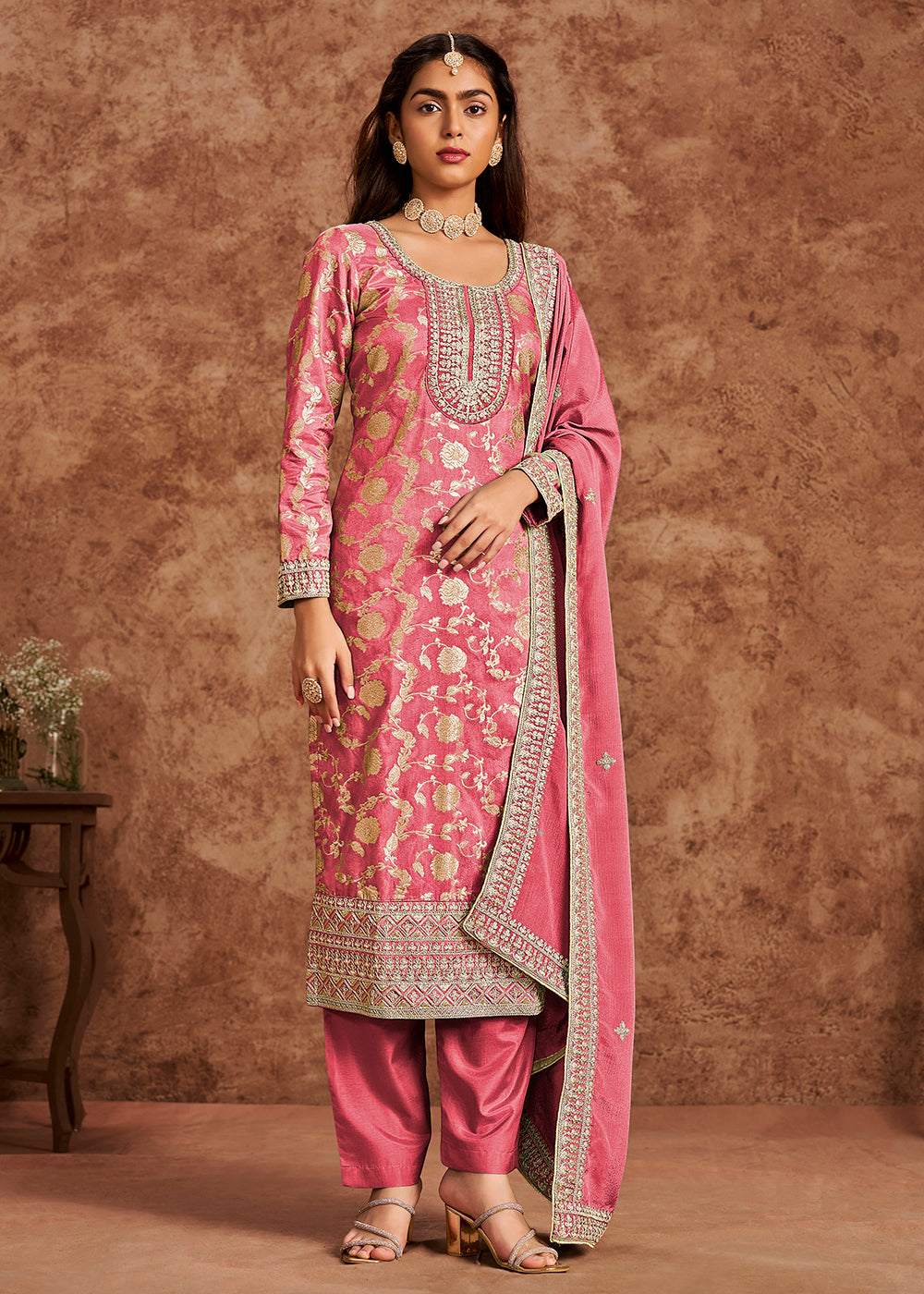 Buy Now Melon Pink Dola Silk Jacquard Festive Salwar Kameez Online in USA, UK, Canada, Germany, Italy & Worldwide at Empress Clothing.