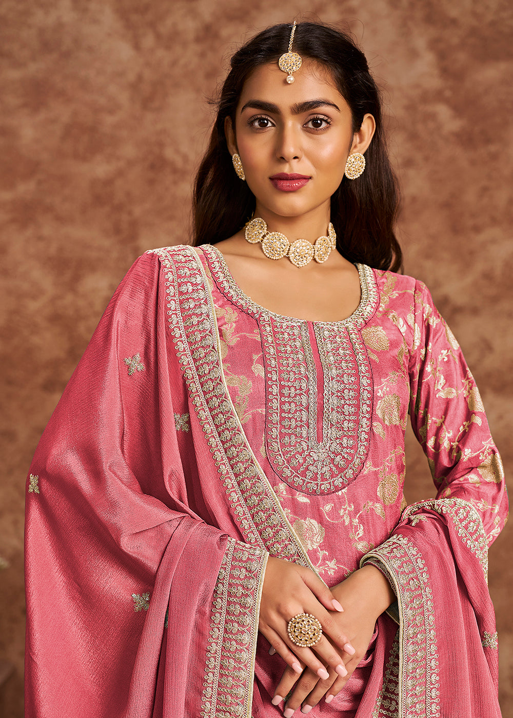 Buy Now Melon Pink Dola Silk Jacquard Festive Salwar Kameez Online in USA, UK, Canada, Germany, Italy & Worldwide at Empress Clothing.