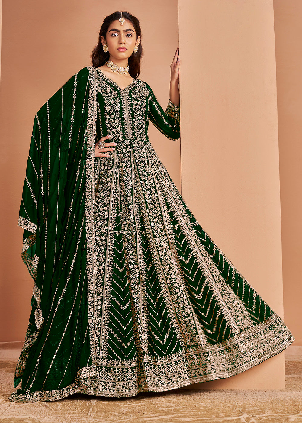 Buy Now Heavy Embroidered Green Georgette Wedding Anarkali Suit Online in USA, UK, Australia, Italy, Germany, Canada, UAE & Worldwide at Empress Clothing.