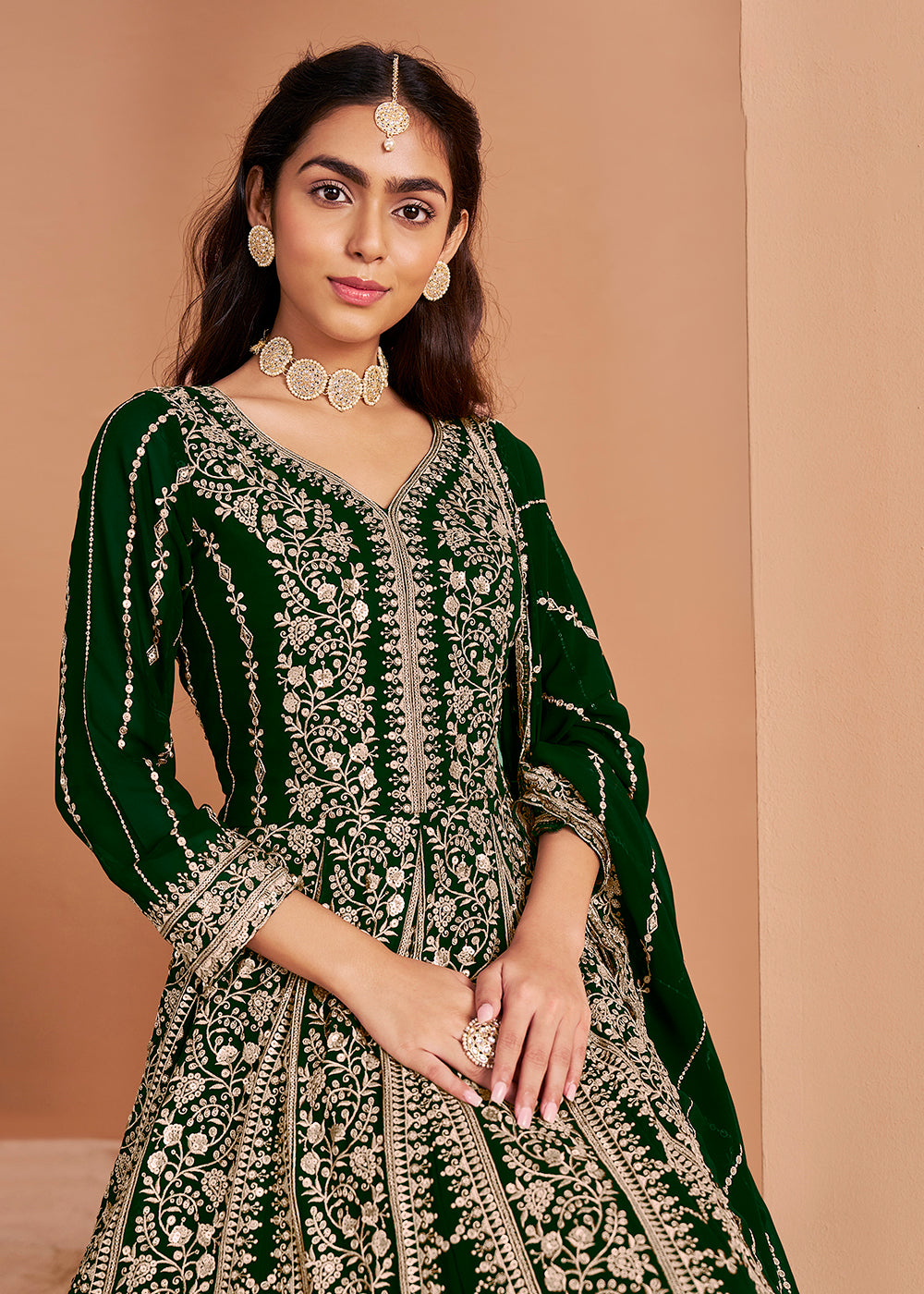 Buy Now Heavy Embroidered Green Georgette Wedding Anarkali Suit Online in USA, UK, Australia, Italy, Germany, Canada, UAE & Worldwide at Empress Clothing.