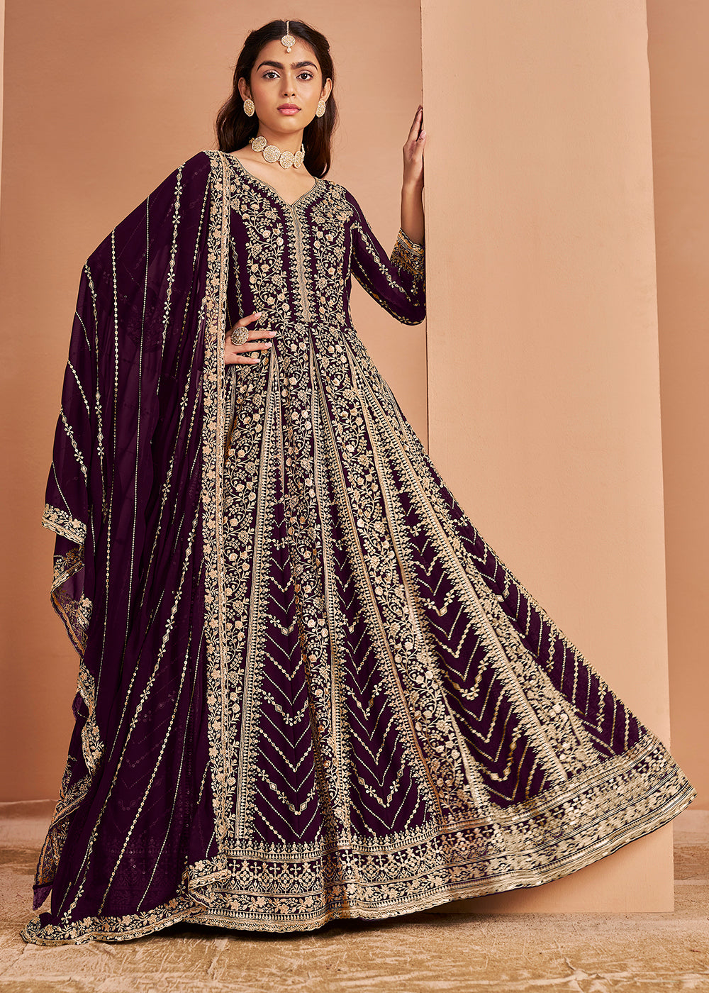 Buy Now Heavy Embroidered Wine Georgette Wedding Anarkali Suit Online in USA, UK, Australia, Italy, Germany, Canada, UAE & Worldwide at Empress Clothing.