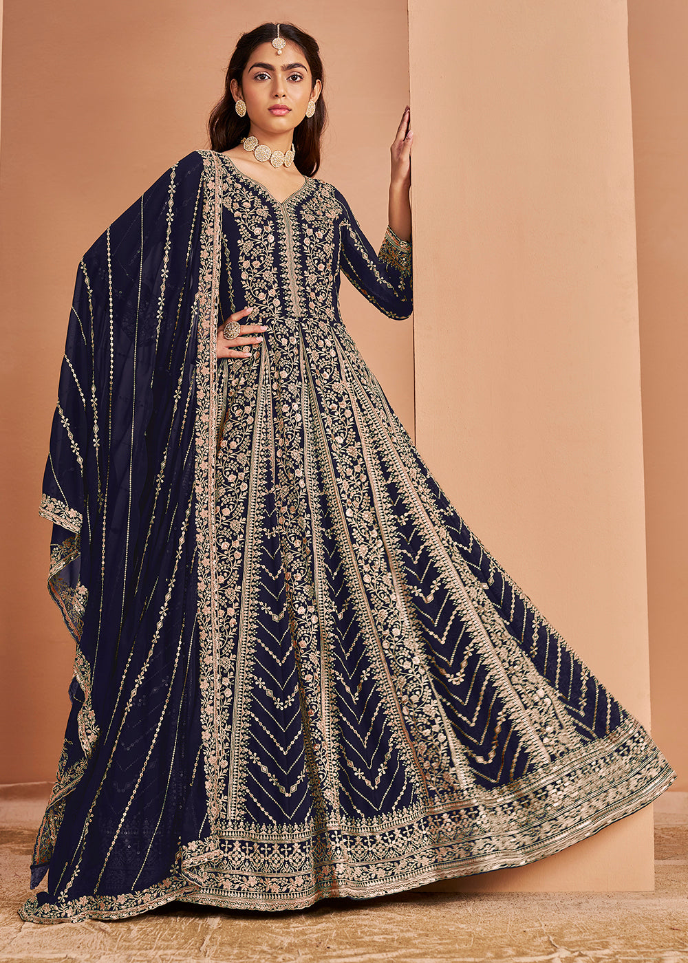 Buy Now Heavy Embroidered Blue Georgette Wedding Anarkali Suit Online in USA, UK, Australia, Italy, Germany, Canada, UAE & Worldwide at Empress Clothing.