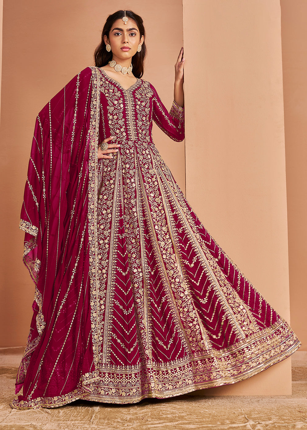 Buy Now Heavy Embroidered Pink Georgette Wedding Anarkali Suit Online in USA, UK, Australia, Italy, Germany, Canada, UAE & Worldwide at Empress Clothing.