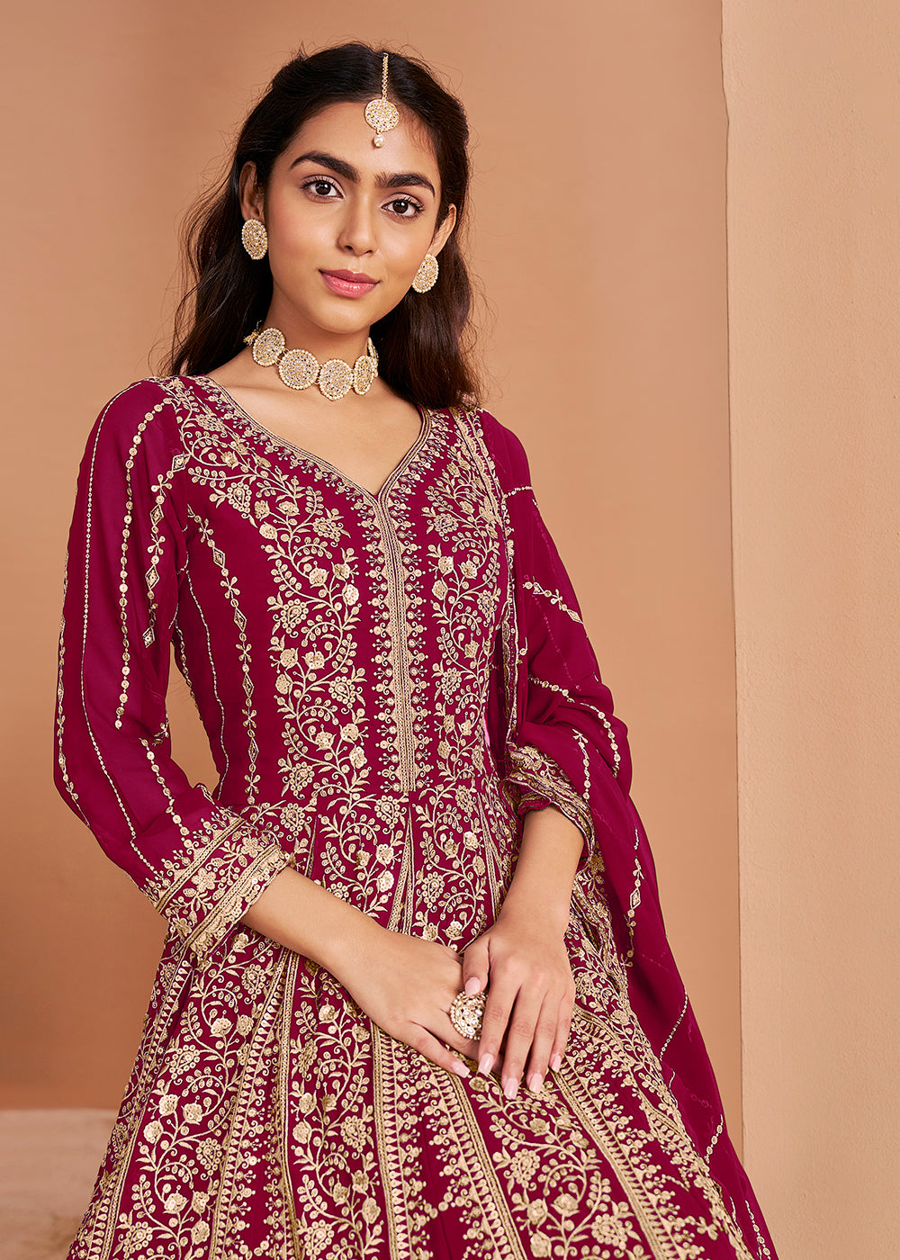 Buy Now Heavy Embroidered Pink Georgette Wedding Anarkali Suit Online in USA, UK, Australia, Italy, Germany, Canada, UAE & Worldwide at Empress Clothing.