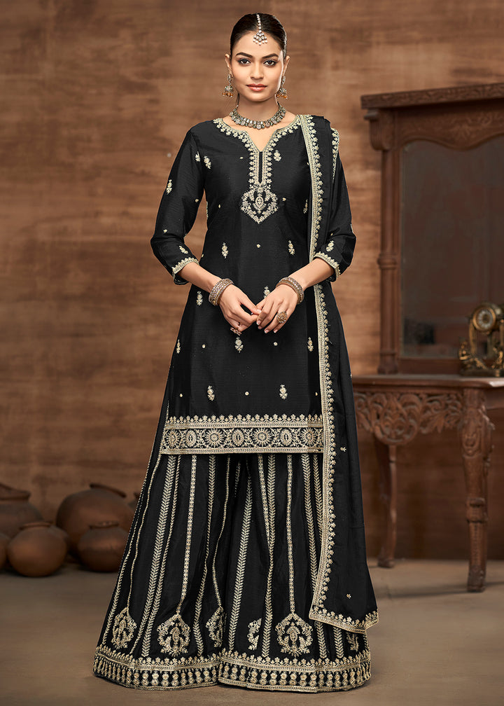 Buy Now Black Chinnon Embroidered Festive Palazzo Suit Online in USA, UK, Canada, Germany, Italy, France, Austria, UAE & Worldwide at Empress Clothing.