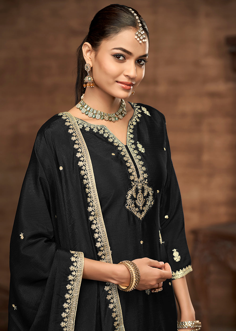 Buy Now Black Chinnon Embroidered Festive Palazzo Suit Online in USA, UK, Canada, Germany, Italy, France, Austria, UAE & Worldwide at Empress Clothing.
