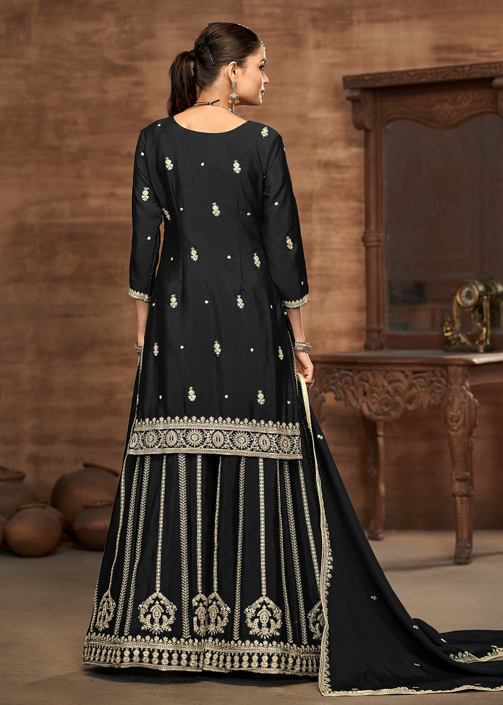 Buy Now Black Chinnon Embroidered Festive Palazzo Suit Online in USA, UK, Canada, Germany, Italy, France, Austria, UAE & Worldwide at Empress Clothing.