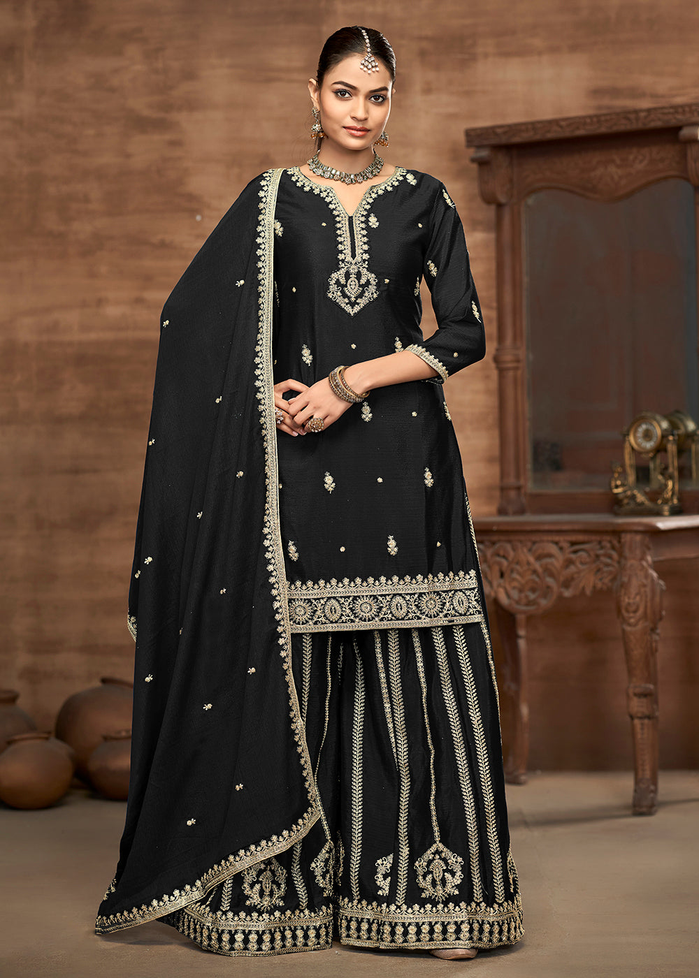 Buy Now Black Chinnon Embroidered Festive Palazzo Suit Online in USA, UK, Canada, Germany, Italy, France, Austria, UAE & Worldwide at Empress Clothing.