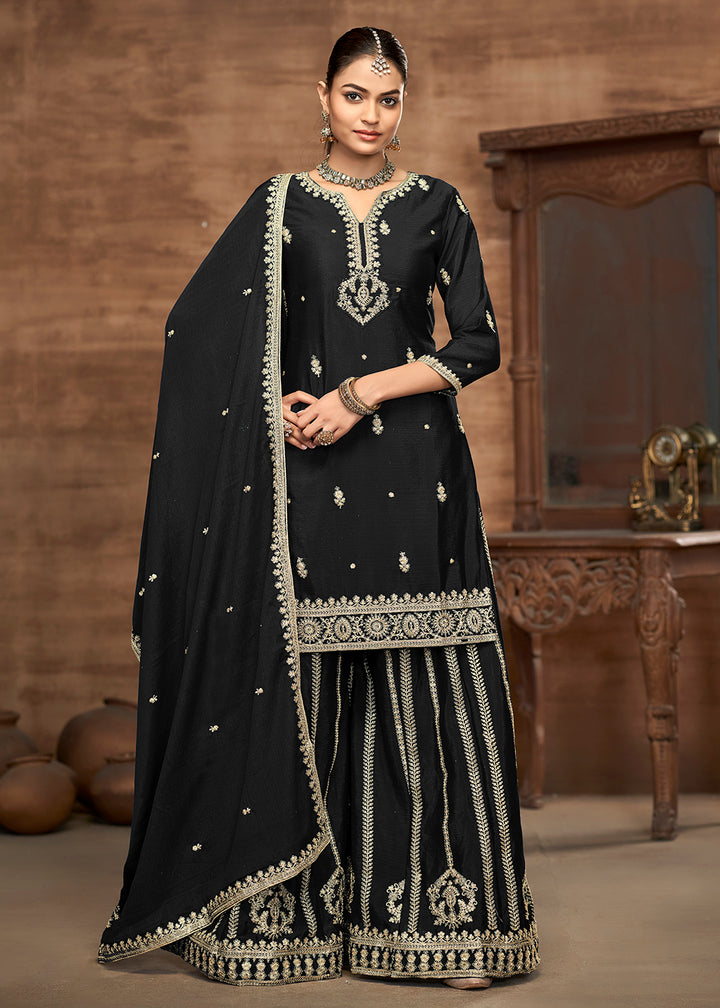 Buy Now Black Chinnon Embroidered Festive Palazzo Suit Online in USA, UK, Canada, Germany, Italy, France, Austria, UAE & Worldwide at Empress Clothing.