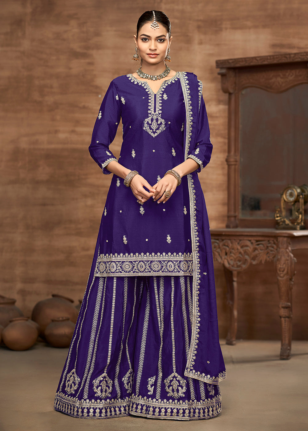 Buy Now Purple Chinnon Embroidered Festive Palazzo Suit Online in USA, UK, Canada, Germany, Italy, France, Austria, UAE & Worldwide at Empress Clothing.