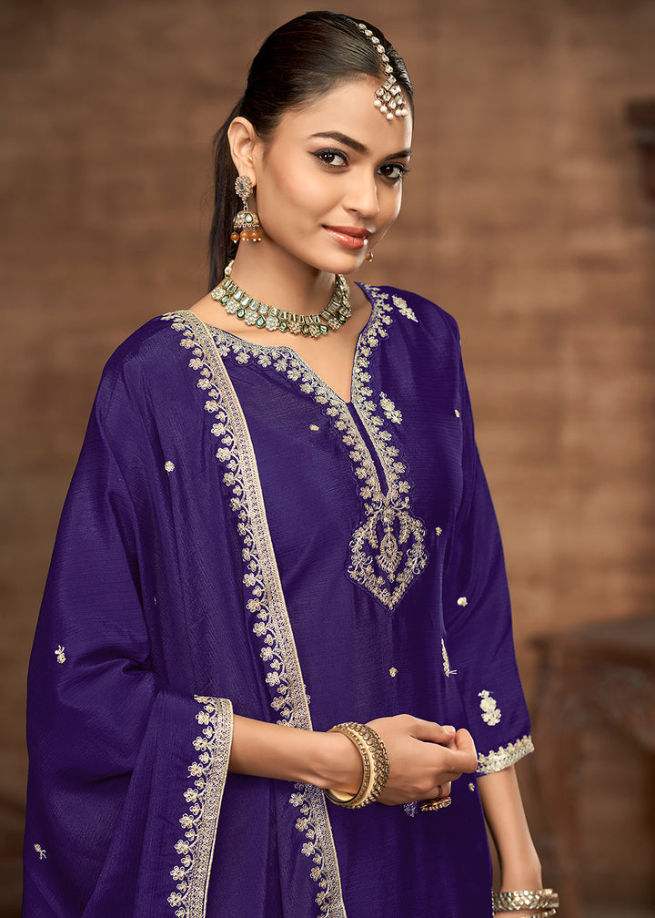 Buy Now Purple Chinnon Embroidered Festive Palazzo Suit Online in USA, UK, Canada, Germany, Italy, France, Austria, UAE & Worldwide at Empress Clothing.