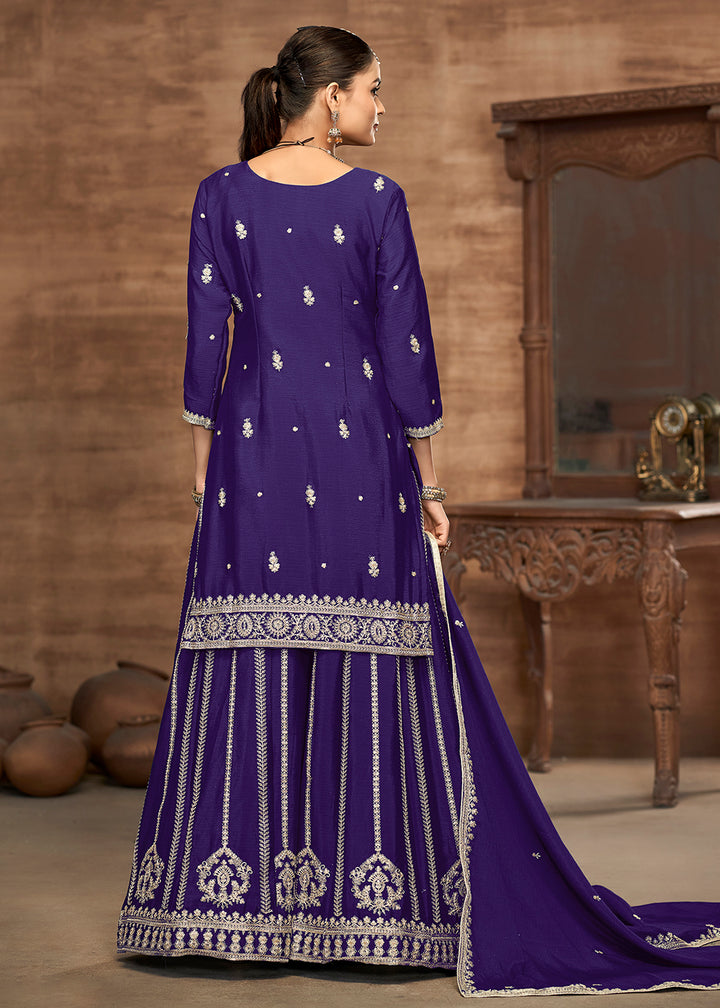 Buy Now Purple Chinnon Embroidered Festive Palazzo Suit Online in USA, UK, Canada, Germany, Italy, France, Austria, UAE & Worldwide at Empress Clothing.