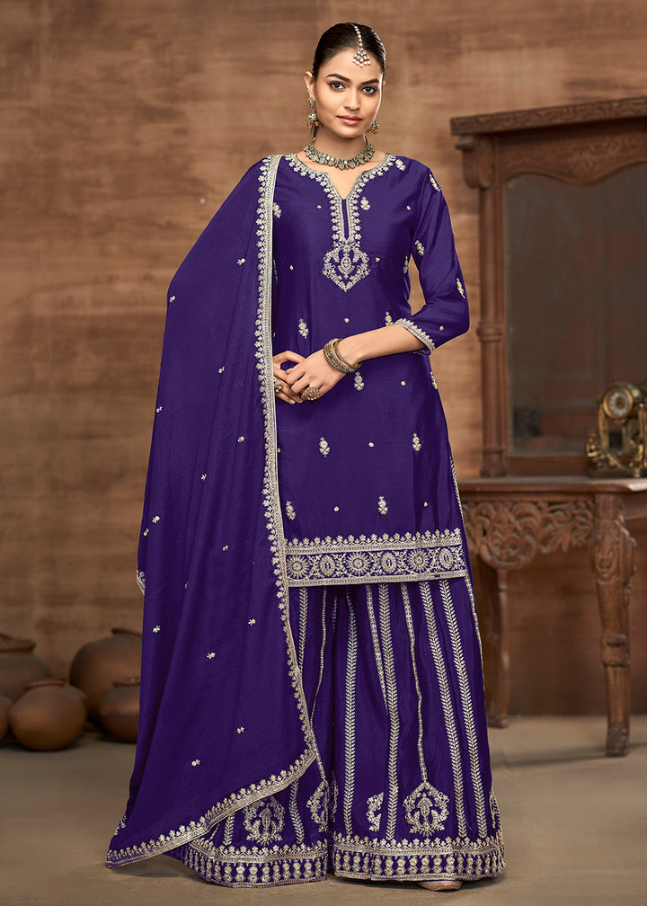 Buy Now Purple Chinnon Embroidered Festive Palazzo Suit Online in USA, UK, Canada, Germany, Italy, France, Austria, UAE & Worldwide at Empress Clothing.