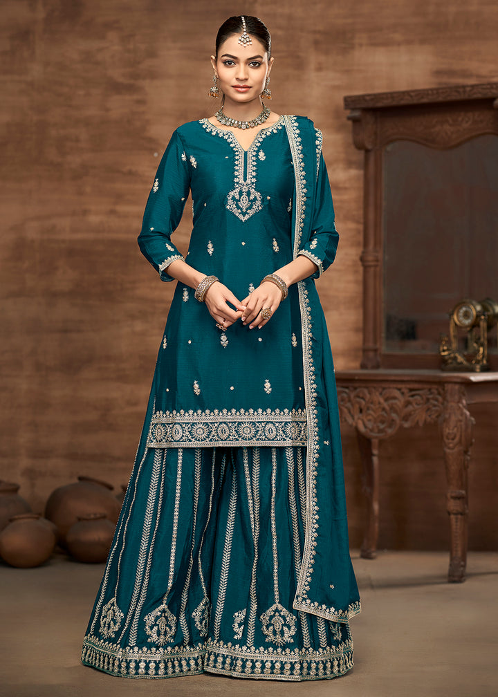 Buy Now Blue Chinnon Embroidered Festive Palazzo Suit Online in USA, UK, Canada, Germany, Italy, France, Austria, UAE & Worldwide at Empress Clothing.