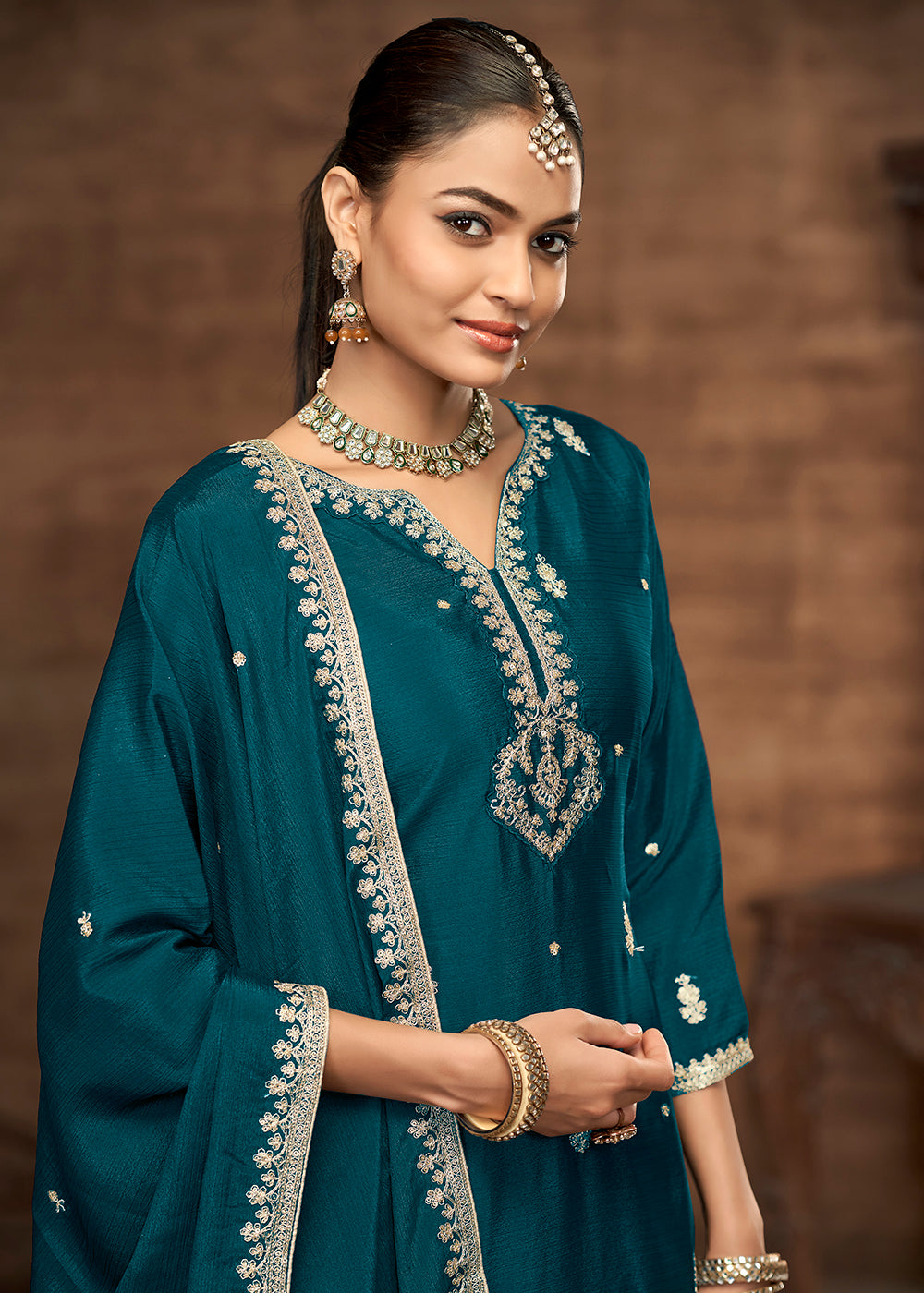 Buy Now Blue Chinnon Embroidered Festive Palazzo Suit Online in USA, UK, Canada, Germany, Italy, France, Austria, UAE & Worldwide at Empress Clothing.