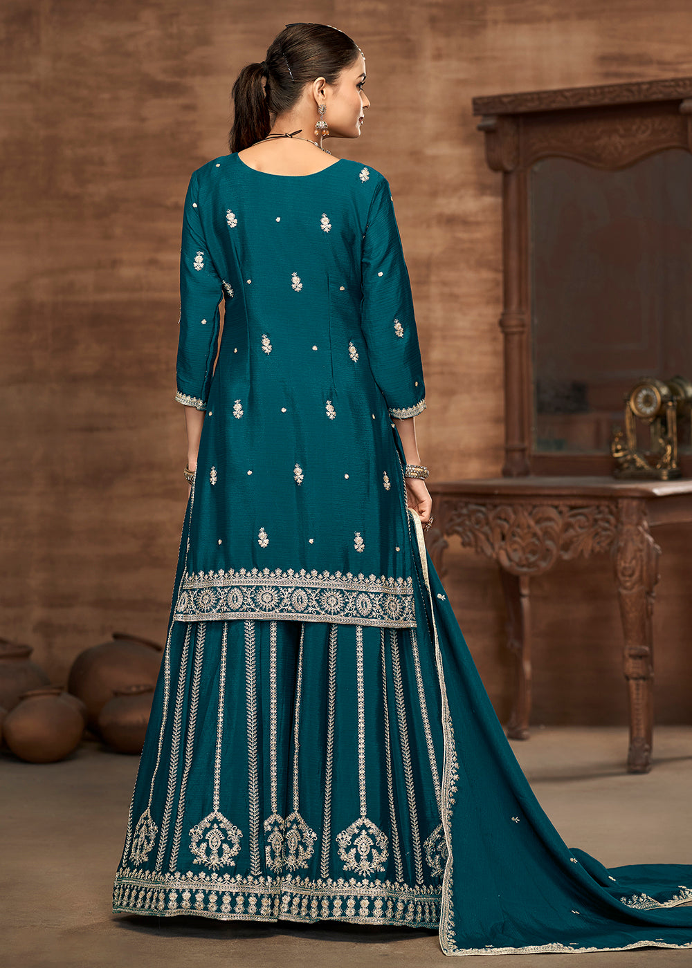 Buy Now Blue Chinnon Embroidered Festive Palazzo Suit Online in USA, UK, Canada, Germany, Italy, France, Austria, UAE & Worldwide at Empress Clothing.