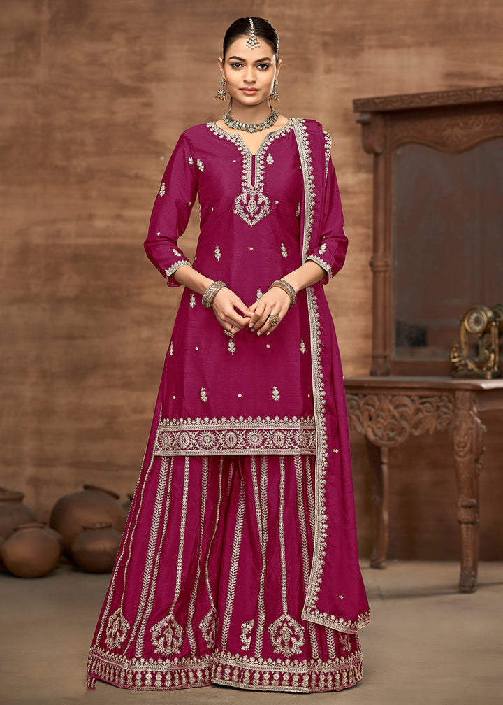 Buy Now Pink Chinnon Embroidered Festive Palazzo Suit Online in USA, UK, Canada, Germany, Italy, France, Austria, UAE & Worldwide at Empress Clothing.