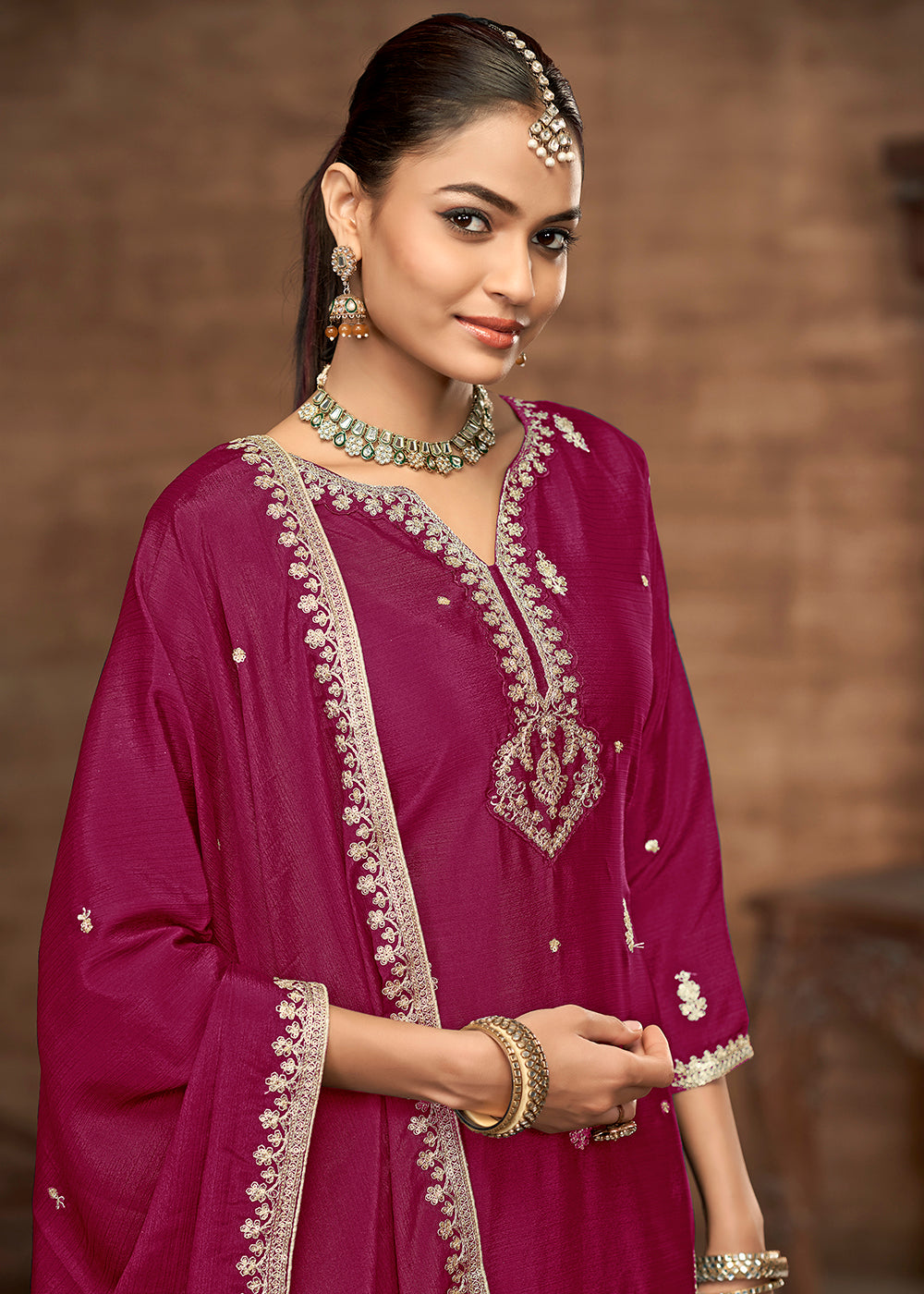 Buy Now Pink Chinnon Embroidered Festive Palazzo Suit Online in USA, UK, Canada, Germany, Italy, France, Austria, UAE & Worldwide at Empress Clothing.