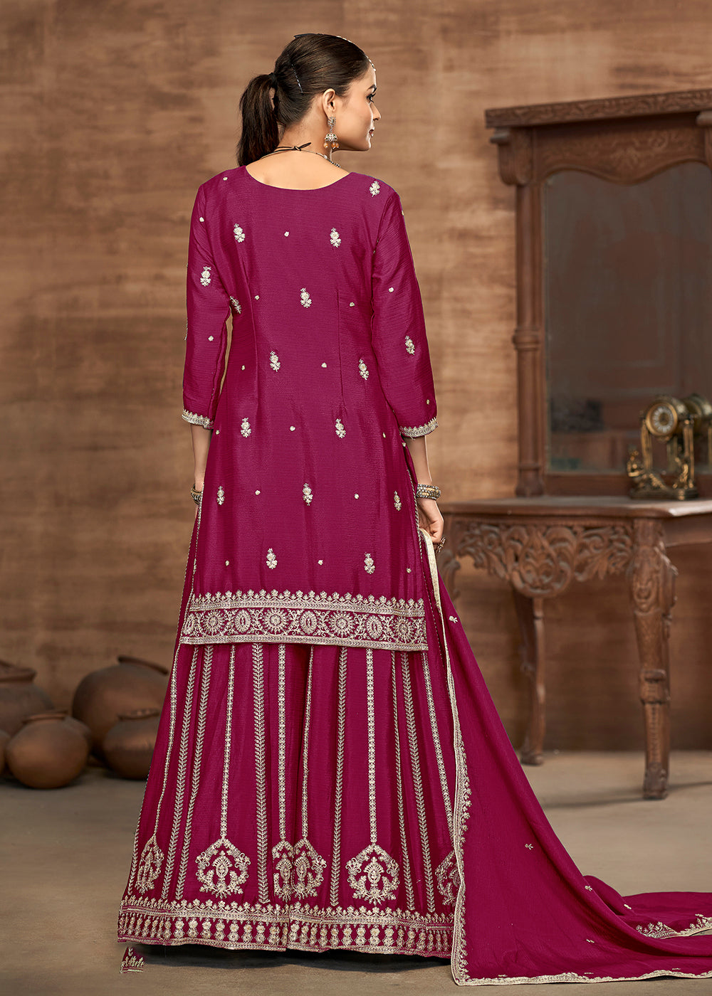 Buy Now Pink Chinnon Embroidered Festive Palazzo Suit Online in USA, UK, Canada, Germany, Italy, France, Austria, UAE & Worldwide at Empress Clothing.