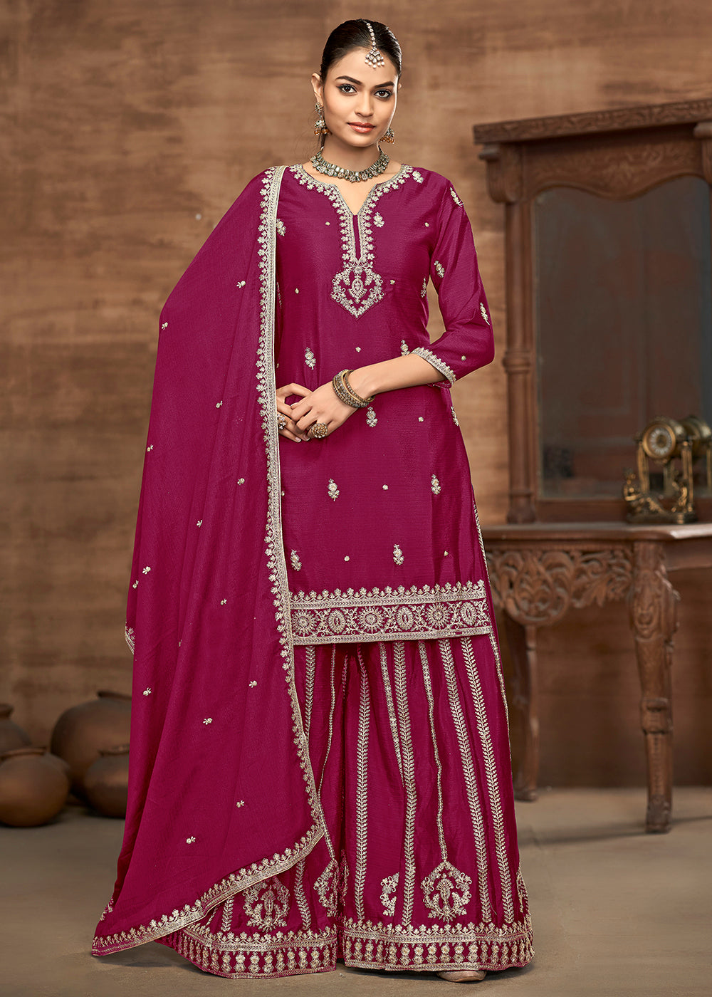 Buy Now Pink Chinnon Embroidered Festive Palazzo Suit Online in USA, UK, Canada, Germany, Italy, France, Austria, UAE & Worldwide at Empress Clothing.