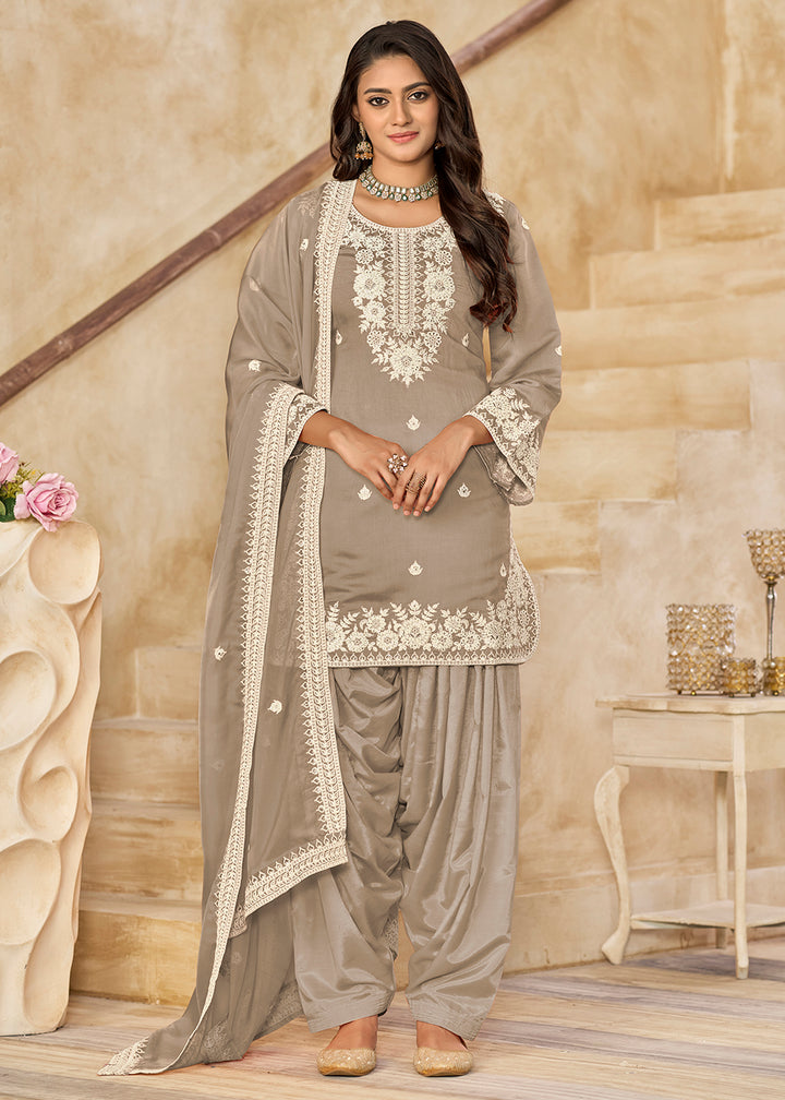 Buy Now Grey Roman Silk Embroidered Punjabi Patiala Suit Online in USA, UK, Canada, Germany, Italy, France, Austria, UAE & Worldwide at Empress Clothing.