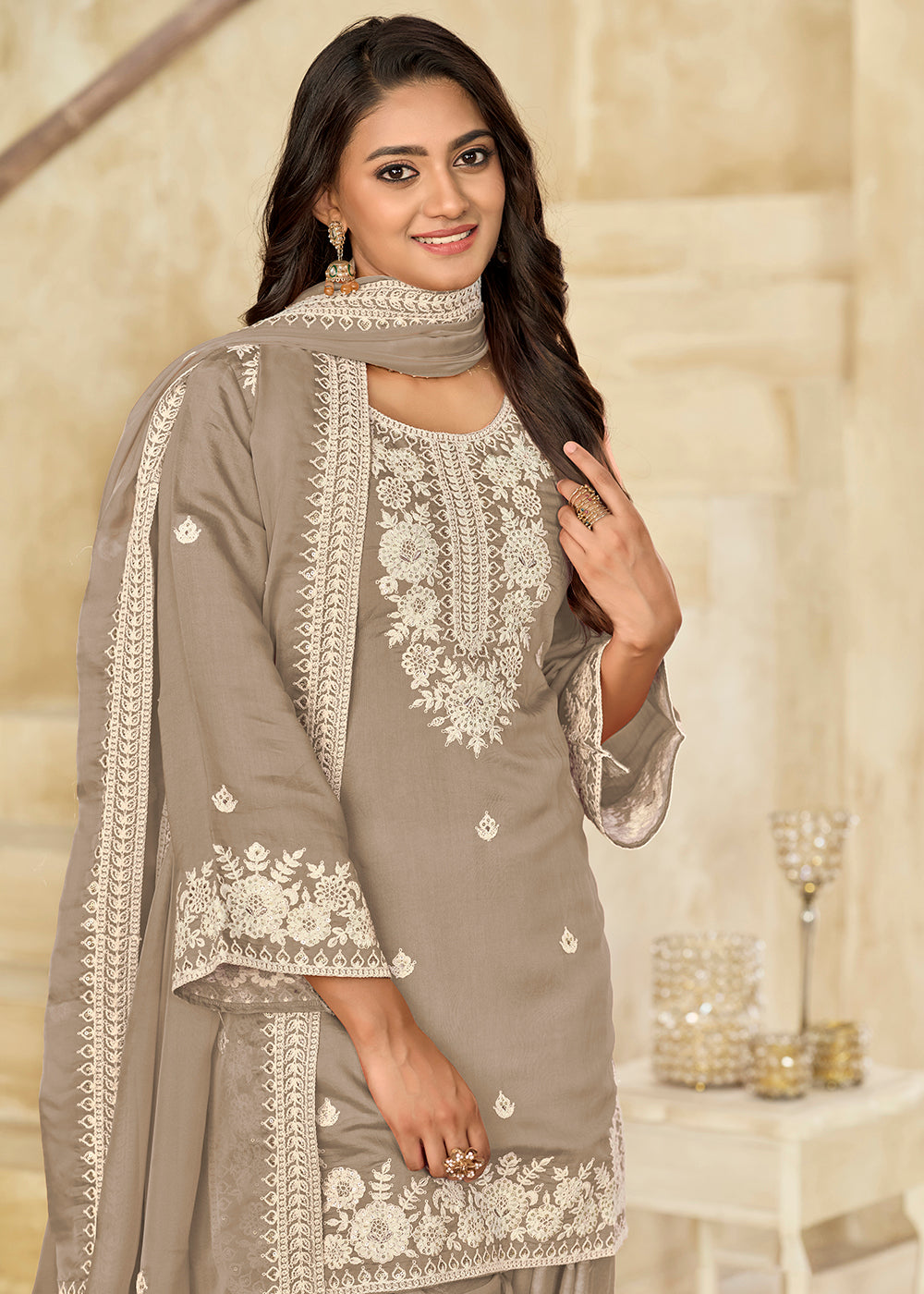 Buy Now Grey Roman Silk Embroidered Punjabi Patiala Suit Online in USA, UK, Canada, Germany, Italy, France, Denmark, UAE & Worldwide at Empress Clothing.