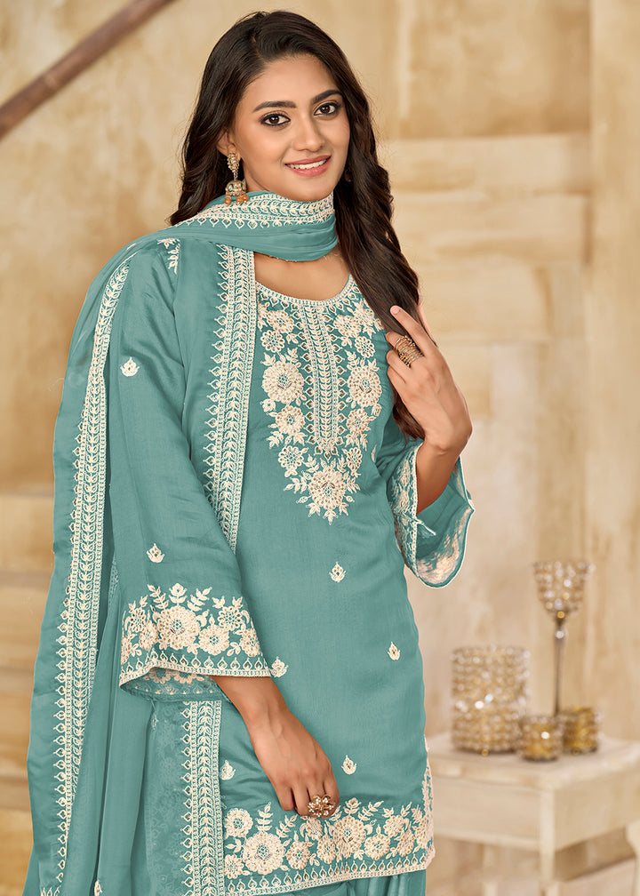 Buy Now Blue Roman Silk Embroidered Punjabi Patiala Suit Online in USA, UK, Canada, Germany, Italy, France, Denmark, UAE & Worldwide at Empress Clothing.