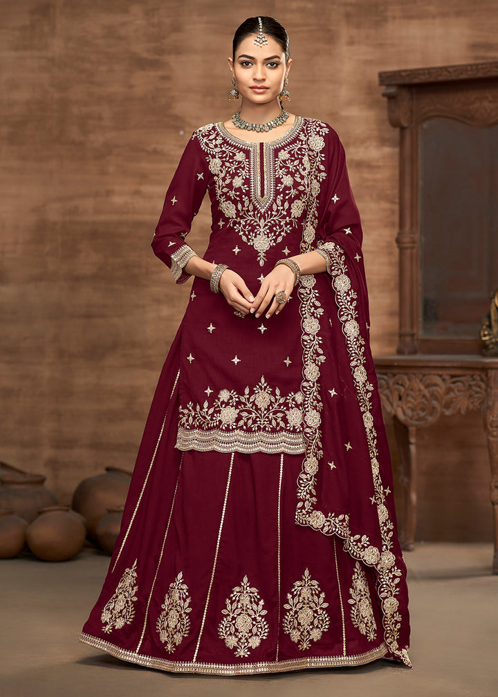 Buy Now Maroon Kurti Style Embroidered Silk Lehenga Style Suit Online in USA, UK, Canada, Germany, Italy, France, Austria, UAE & Worldwide at Empress Clothing.