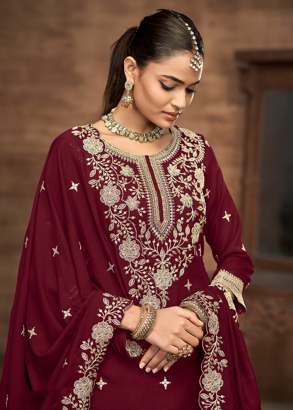 Buy Now Maroon Kurti Style Embroidered Silk Lehenga Style Suit Online in USA, UK, Canada, Germany, Italy, France, Austria, UAE & Worldwide at Empress Clothing.