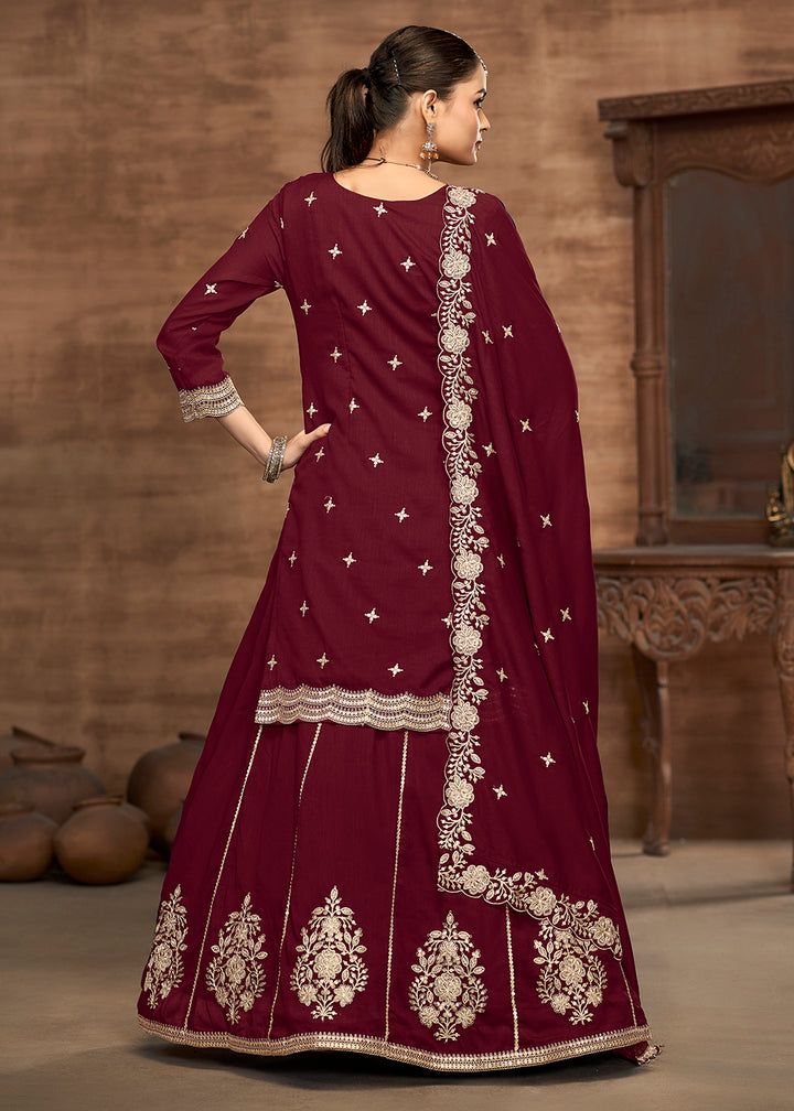 Buy Now Maroon Kurti Style Embroidered Silk Lehenga Style Suit Online in USA, UK, Canada, Germany, Italy, France, Austria, UAE & Worldwide at Empress Clothing.
