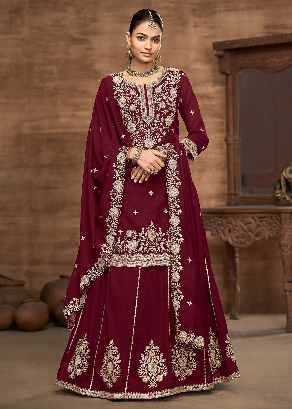 Buy Now Maroon Kurti Style Embroidered Silk Lehenga Style Suit Online in USA, UK, Canada, Germany, Italy, France, Austria, UAE & Worldwide at Empress Clothing.