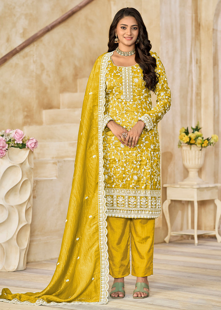 Buy Now Amazing Yellow Organza Material Pant Style Suit Online in US, UK, Canada, Germany, Italy, France, Australia, Denmark & Worldwide at Empress Clothing.