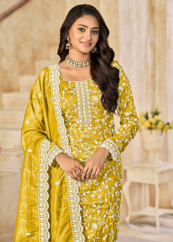 Buy Now Amazing Yellow Organza Material Pant Style Suit Online in US, UK, Canada, Germany, Italy, France, Australia, Denmark & Worldwide at Empress Clothing.