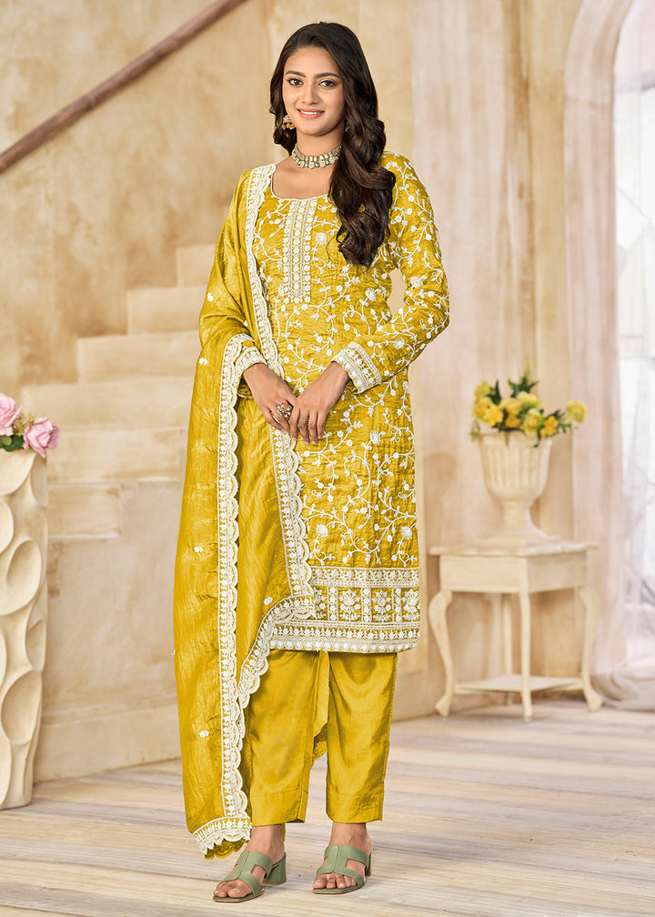 Buy Now Amazing Yellow Organza Material Pant Style Suit Online in US, UK, Canada, Germany, Italy, France, Australia, Denmark & Worldwide at Empress Clothing.