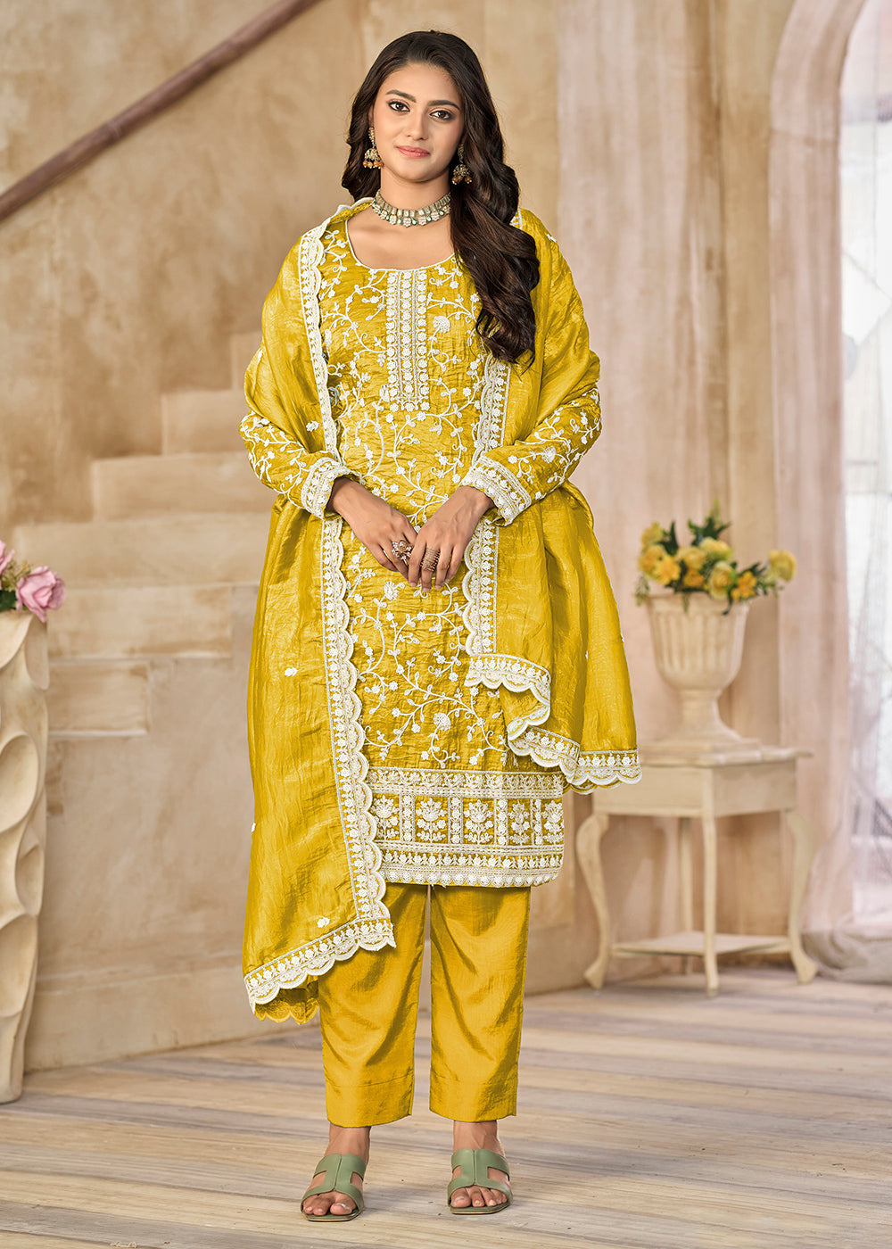 Buy Now Amazing Yellow Organza Material Pant Style Suit Online in US, UK, Canada, Germany, Italy, France, Australia, Denmark & Worldwide at Empress Clothing.