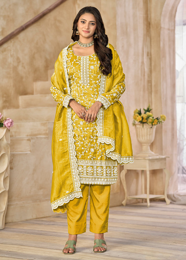 Buy Now Amazing Yellow Organza Material Pant Style Suit Online in US, UK, Canada, Germany, Italy, France, Australia, Denmark & Worldwide at Empress Clothing.