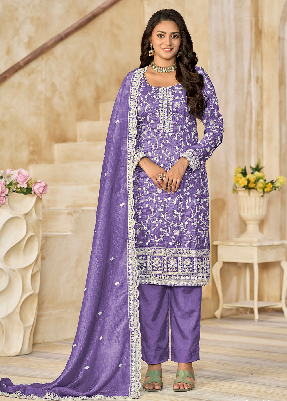 Buy Now Amazing Lavender Organza Material Pant Style Suit Online in US, UK, Canada, Germany, Italy, France, Australia, Denmark & Worldwide at Empress Clothing.