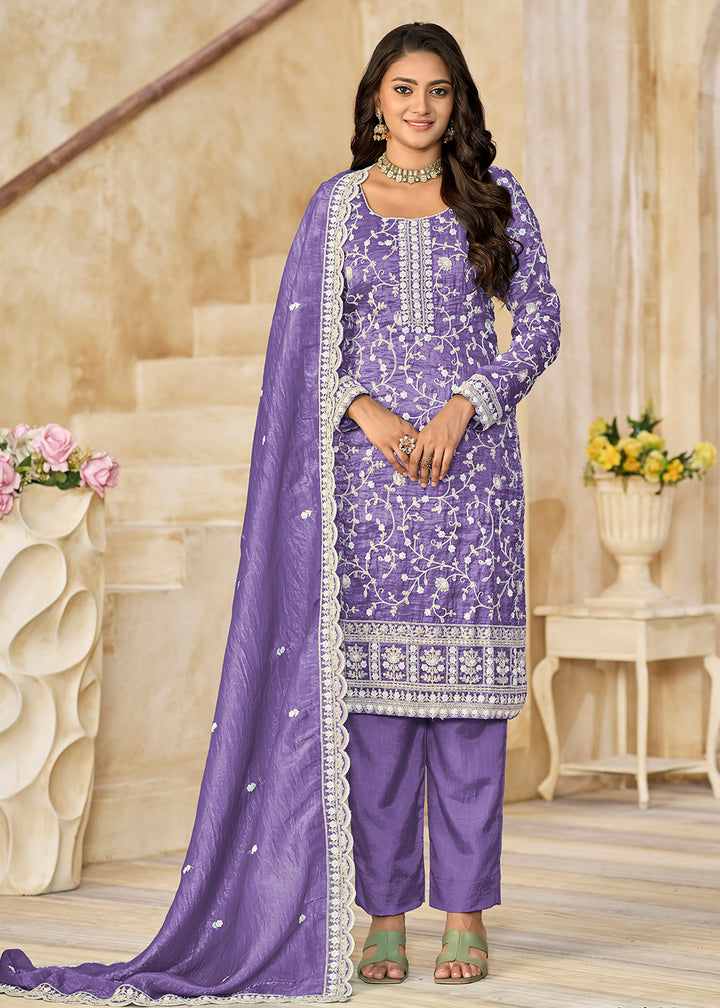 Buy Now Amazing Lavender Organza Material Pant Style Suit Online in US, UK, Canada, Germany, Italy, France, Australia, Denmark & Worldwide at Empress Clothing.