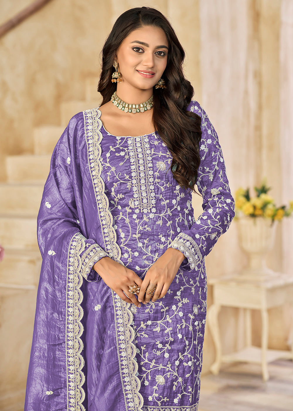 Buy Now Amazing Lavender Organza Material Pant Style Suit Online in US, UK, Canada, Germany, Italy, France, Australia, Denmark & Worldwide at Empress Clothing.