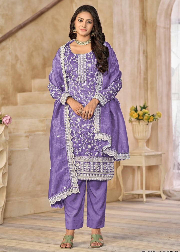 Buy Now Amazing Lavender Organza Material Pant Style Suit Online in US, UK, Canada, Germany, Italy, France, Australia, Denmark & Worldwide at Empress Clothing.