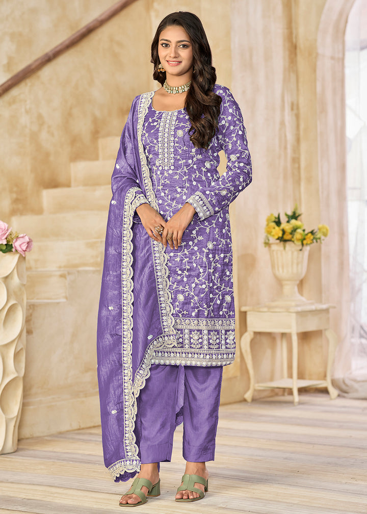 Buy Now Amazing Lavender Organza Material Pant Style Suit Online in US, UK, Canada, Germany, Italy, France, Australia, Denmark & Worldwide at Empress Clothing.
