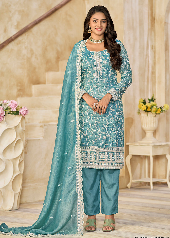 Buy Now Amazing Blue Organza Material Pant Style Suit Online in US, UK, Canada, Germany, Italy, France, Australia, Denmark & Worldwide at Empress Clothing.