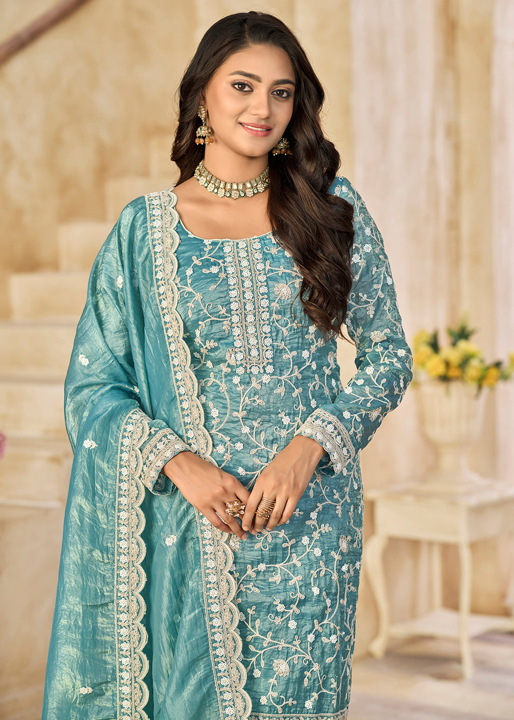 Buy Now Amazing Blue Organza Material Pant Style Suit Online in US, UK, Canada, Germany, Italy, France, Australia, Denmark & Worldwide at Empress Clothing.